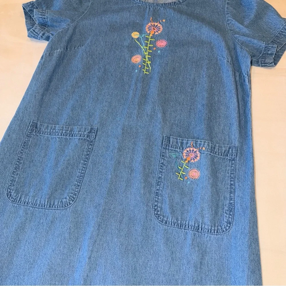 Denim Embroidered Floral Dress Blue Cottagecore Pockets Short Sleeve S - Picture 3 of 7